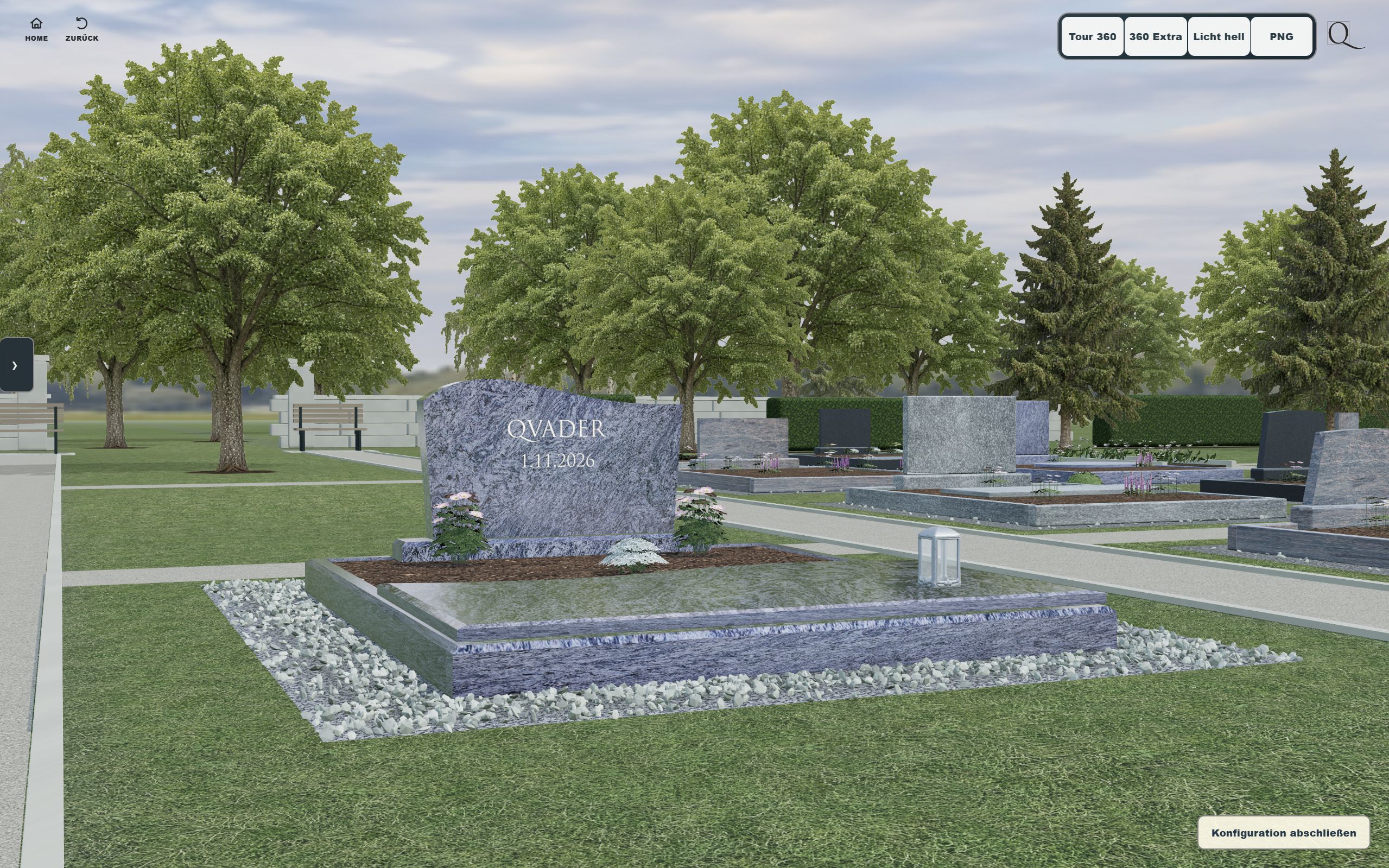 Breite Grabanlage aus Orion mit polierter Abdeckplatte im virtuellen QVADER-Friedhof