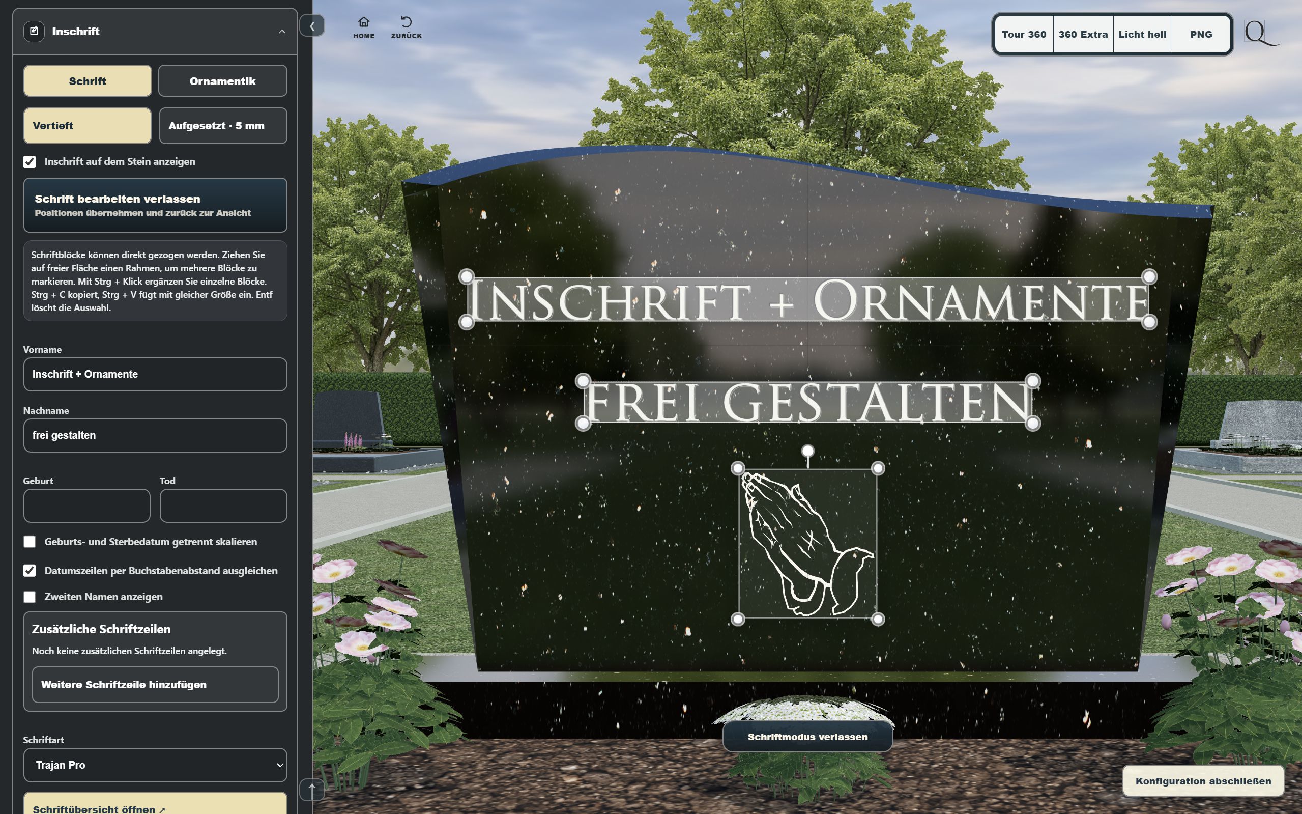 QVADER-Inschriftmodus mit frei gestaltbarer Inschrift und Ornament am schwarzen Grabmal